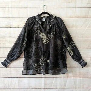 Cabi Size XS Aloha Blouse Sheer Tropical Gray Peasant Style Smocked Top # 5597.